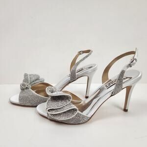 Badgley Mischka Remi Sandal Heel Silver Satin Size 6.5 Bow Jeweled